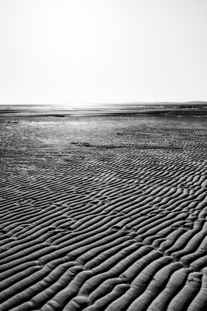 "Mare Ondarum" est une photographie en noir et blanc de la série "Planète Arès" qui capture avec finesse le paysage côtier du Bassin d'Arcachon